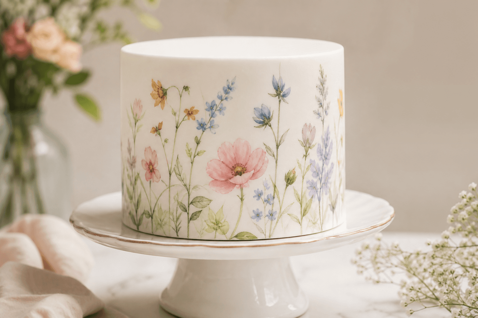 Detalhe de pintura floral num bolo artístico